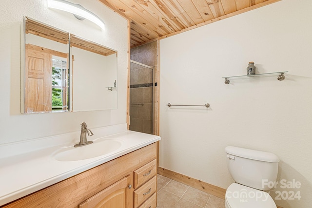 full bathroom with toilet, a tile shower, vanity, wooden ceiling, and tile patterned floors