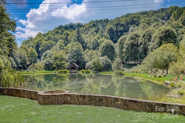 view of property's community with a water view, a yard, and a view of trees