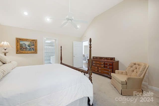 carpeted bedroom with lofted ceiling, ensuite bath, and ceiling fan