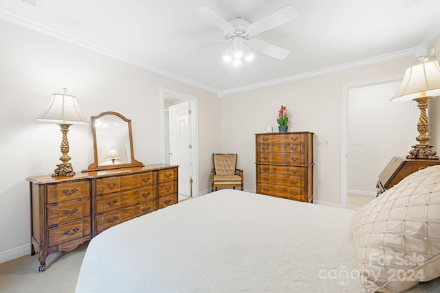 bedroom featuring carpet, ceiling fan, and ornamental molding