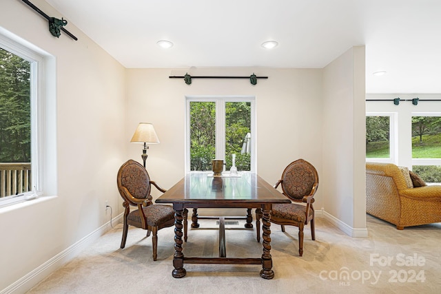 dining room with light colored carpet and plenty of natural light