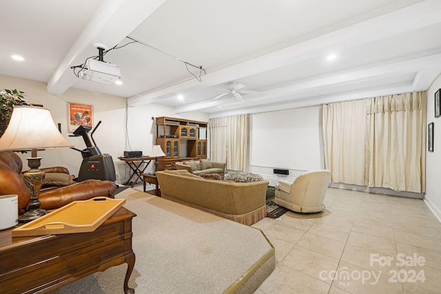 tiled living room with beamed ceiling and ceiling fan