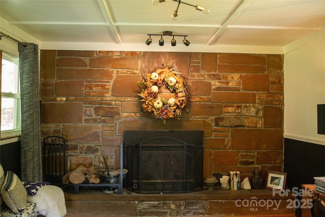 details featuring a stone fireplace