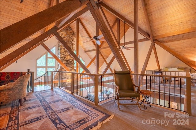 bedroom featuring vaulted ceiling with beams and wood ceiling