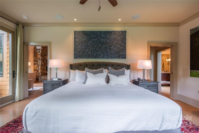 bedroom with ensuite bathroom, crown molding, ceiling fan, and hardwood / wood-style floors