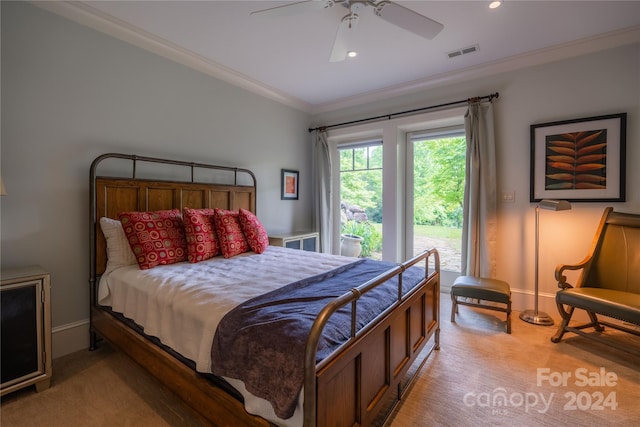 bedroom featuring crown molding, light wood-type flooring, and ceiling fan