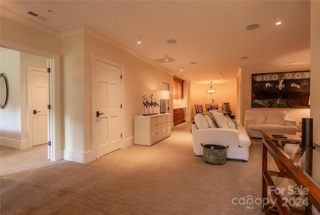 bedroom featuring light carpet and crown molding