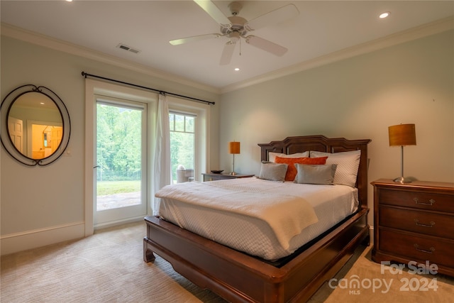 carpeted bedroom featuring access to outside, ornamental molding, and ceiling fan