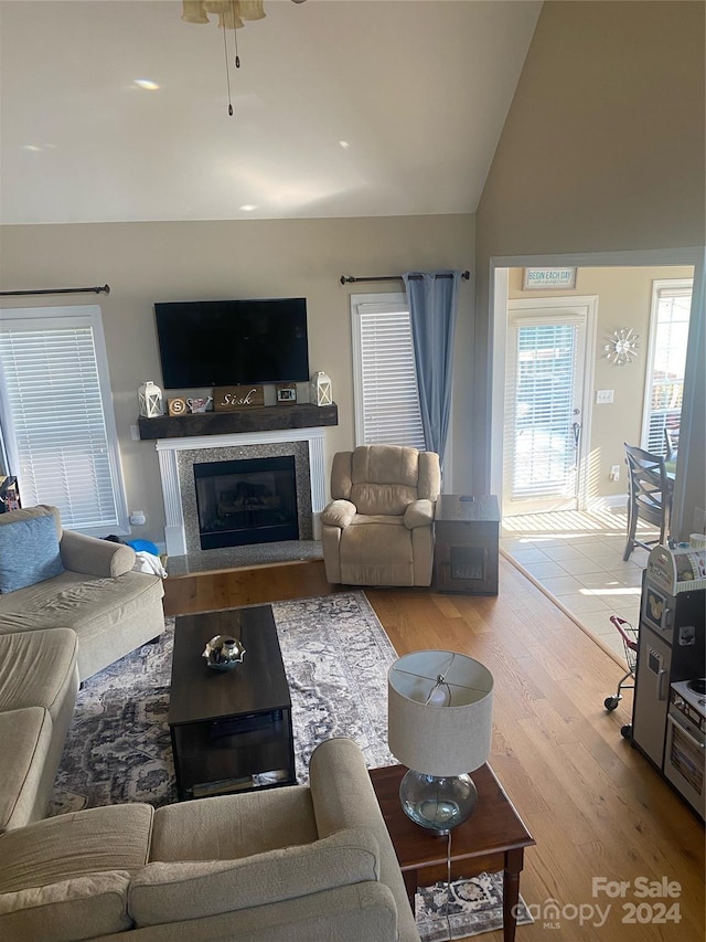 living room featuring lofted ceiling, light wood-type flooring, and ceiling fan