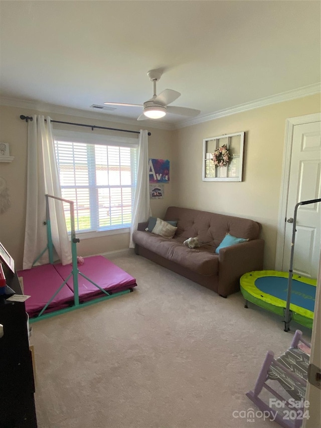 interior space featuring ceiling fan and crown molding