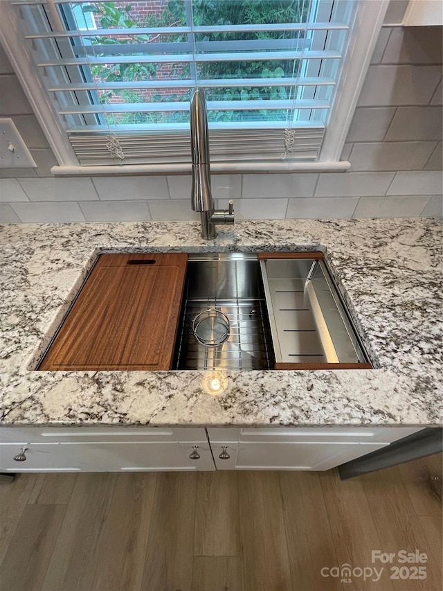 interior details with wood-type flooring, light stone countertops, and sink