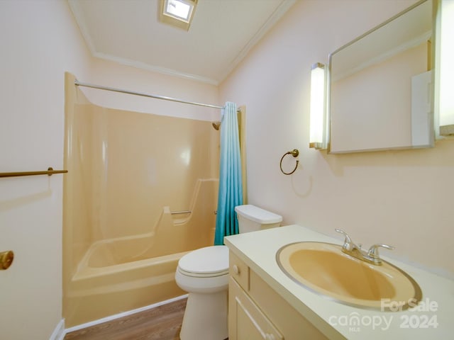 full bathroom with toilet, shower / tub combo, wood-type flooring, crown molding, and vanity