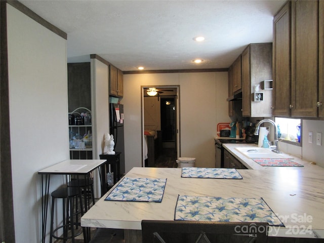 kitchen with ceiling fan, crown molding, sink, range with electric stovetop, and kitchen peninsula