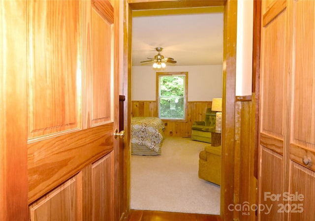 hallway featuring wood walls and carpet floors