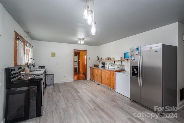 kitchen with pendant lighting, black range with electric cooktop, stainless steel fridge with ice dispenser, and light wood-type flooring