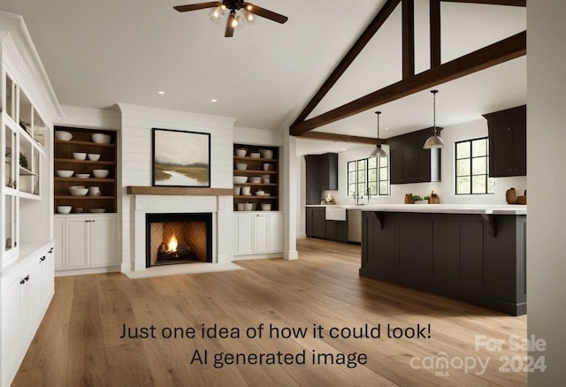 unfurnished living room with ceiling fan, a large fireplace, vaulted ceiling, and light wood-type flooring