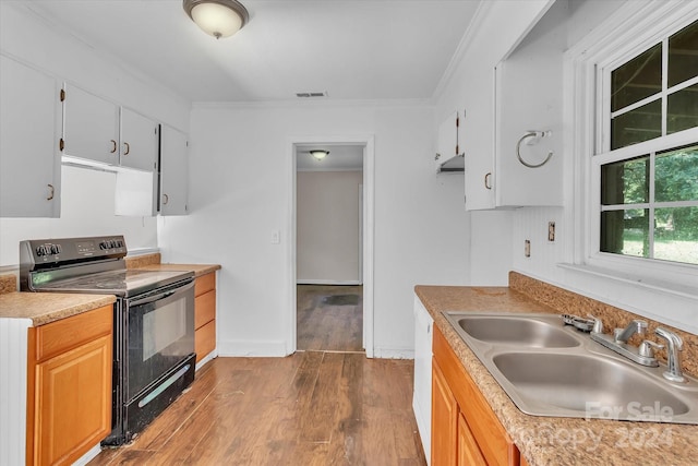 kitchen featuring black electric range oven, sink, light brown cabinets, ornamental molding, and hardwood / wood-style floors