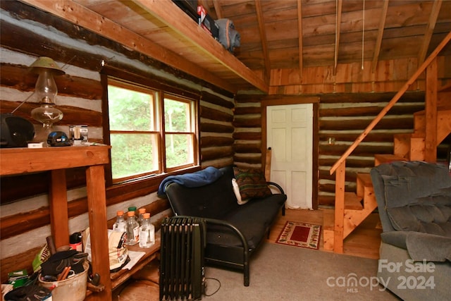 basement featuring radiator heating unit and wood ceiling