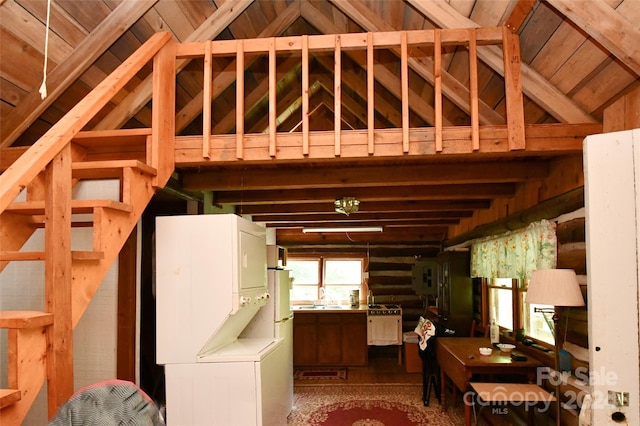 interior space with hardwood / wood-style floors, white refrigerator, wood ceiling, and sink