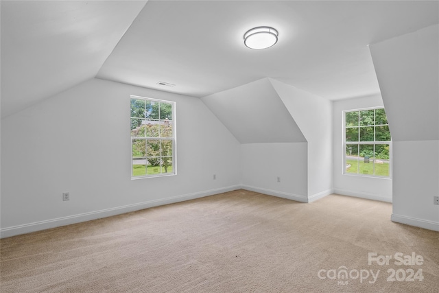 additional living space featuring lofted ceiling and light colored carpet