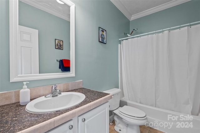 full bathroom featuring vanity, tile patterned floors, shower / bath combo, toilet, and a textured ceiling