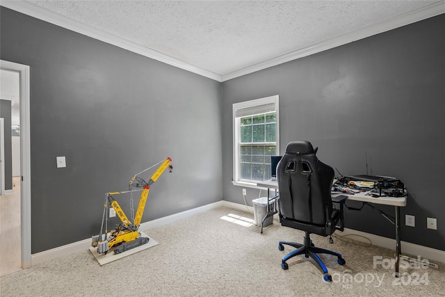 carpeted office featuring crown molding and a textured ceiling