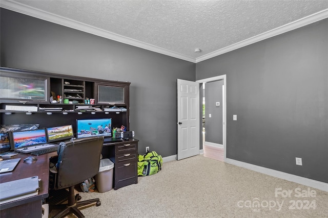 office area with a textured ceiling and ornamental molding