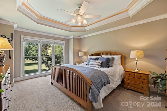 carpeted bedroom featuring ceiling fan, a raised ceiling, and crown molding