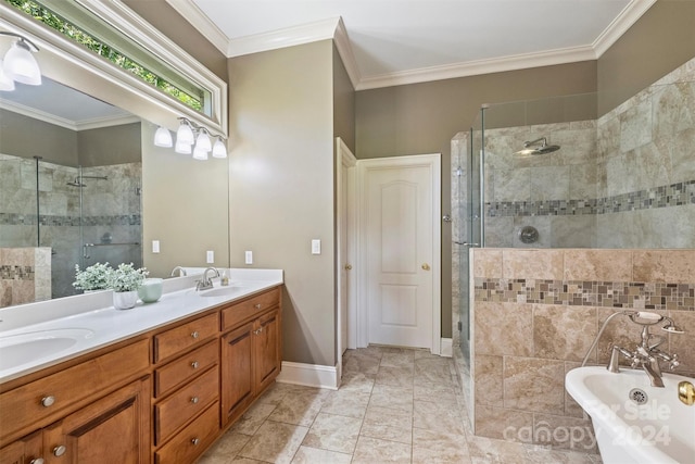 full bath with a shower stall, a soaking tub, crown molding, and double vanity