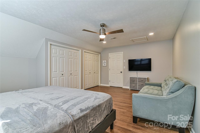 bedroom featuring vaulted ceiling, two closets, ceiling fan, dark wood-type flooring, and a textured ceiling