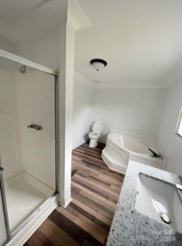 bathroom featuring wood-type flooring, vanity, and a shower with shower door