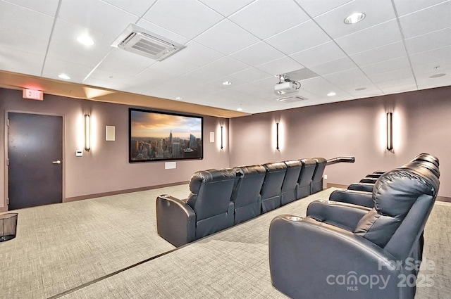 home theater featuring a drop ceiling, recessed lighting, visible vents, baseboards, and carpet