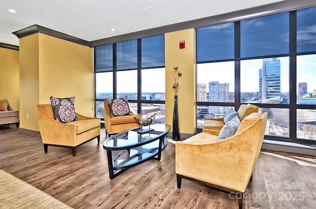 sitting room with a wall of windows, a city view, and wood finished floors