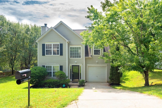 view of front facade with a front yard and a garage