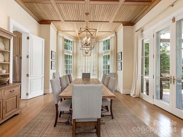 dining space featuring light hardwood / wood-style floors, wooden ceiling, crown molding, and a chandelier