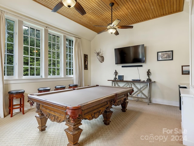 playroom with pool table, wood ceiling, light colored carpet, and ceiling fan