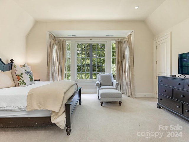 bedroom with lofted ceiling and light colored carpet