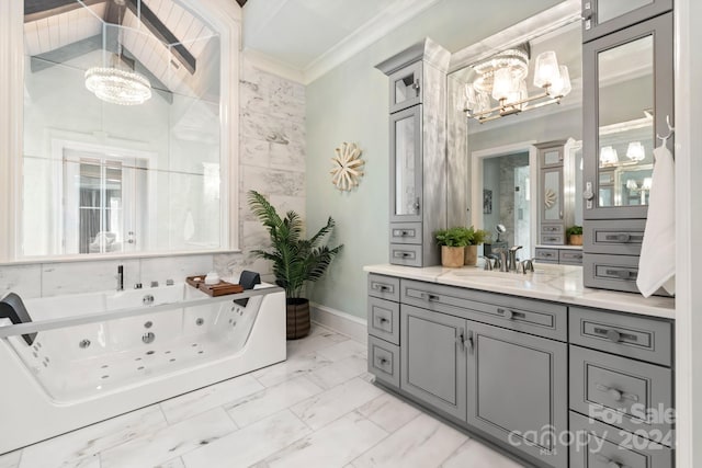 bathroom featuring vanity, crown molding, tile patterned flooring, and a notable chandelier