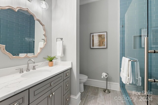 bathroom with a shower with door, toilet, and vanity