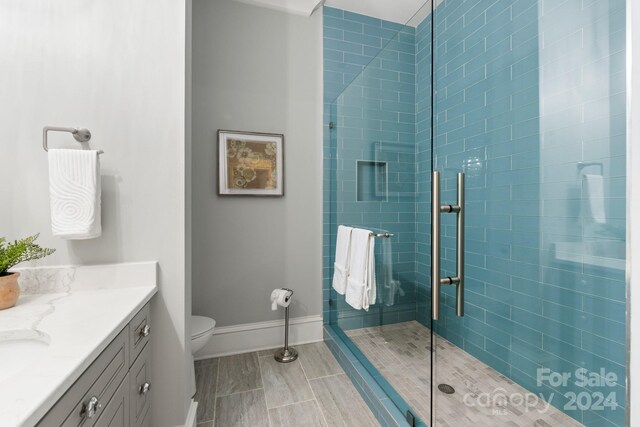 bathroom featuring a shower with door, toilet, and vanity