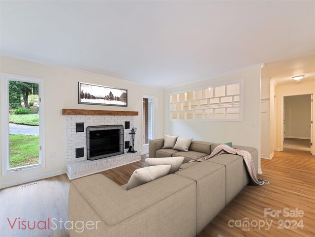 living room featuring a fireplace, light wood-type flooring, and plenty of natural light