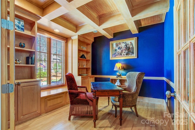 living area with light wood finished floors, built in features, coffered ceiling, wood ceiling, and beamed ceiling