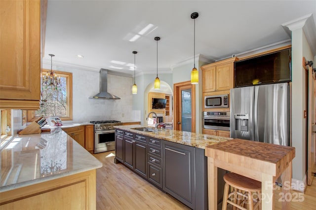 kitchen featuring wall chimney exhaust hood, appliances with stainless steel finishes, crown molding, light wood-style floors, and a sink