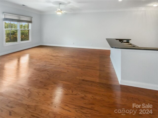 unfurnished room with crown molding, sink, ceiling fan, and dark hardwood / wood-style flooring