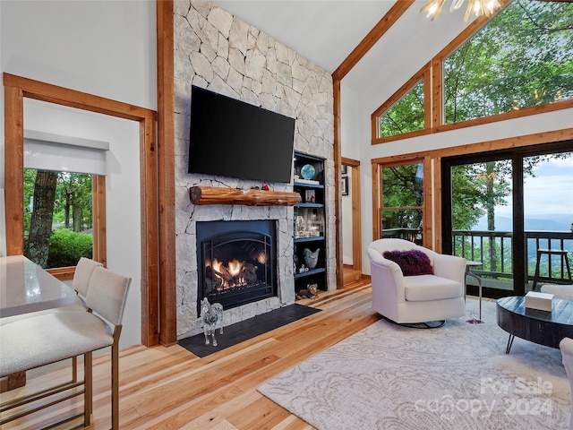 living room featuring a fireplace, a high ceiling, and wood finished floors