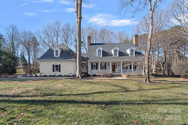 cape cod home with a front yard and a porch