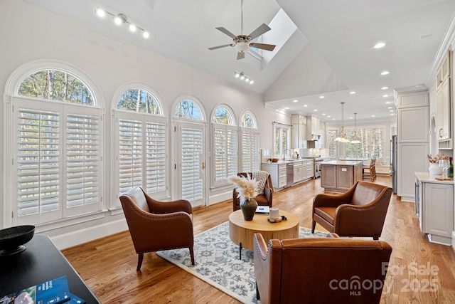 living room featuring high vaulted ceiling, light hardwood / wood-style floors, sink, and a healthy amount of sunlight