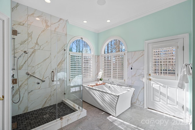 bathroom with crown molding, a wealth of natural light, tile patterned floors, and independent shower and bath