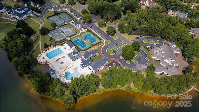 aerial view featuring a water view