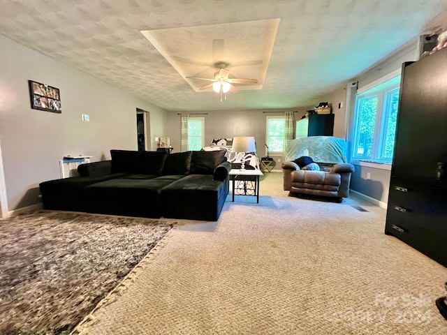 carpeted living room with ceiling fan and a textured ceiling